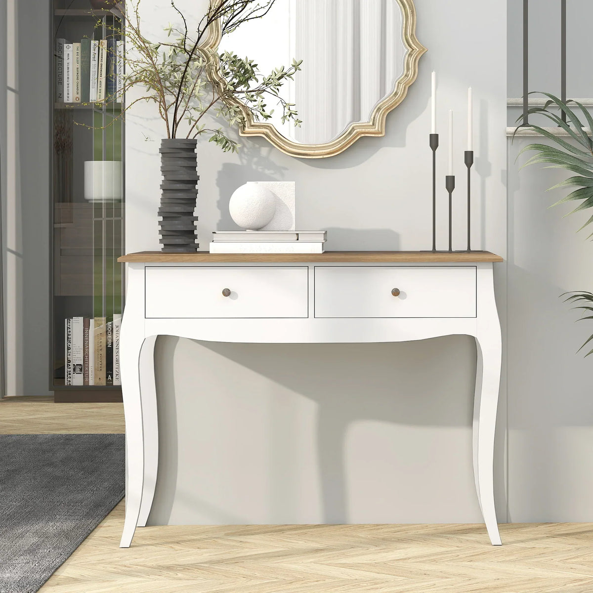 HOMCOM Konsolentisch Flurtisch mit 2 Schubladen im französischen Stil für Flur Schlafzimmer Wohnzimmer 100x35x76,5 cm Weiß und Dunkelbraun